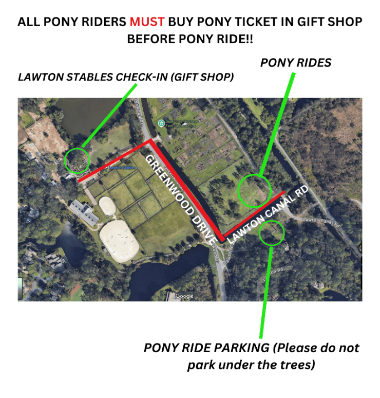 Aerial map showing pony ride path at Lawton Stables, with check-in and parking locations marked.