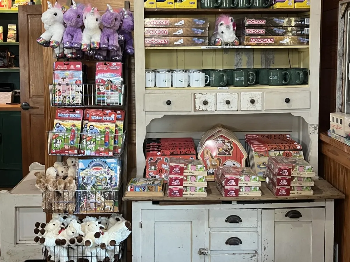 Store display with plush toys, board games, mugs, and horse models on shelves and cabinet.