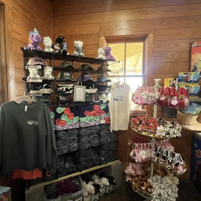 Gift shop with plush animals, hats, shirts, and small novelties on display.