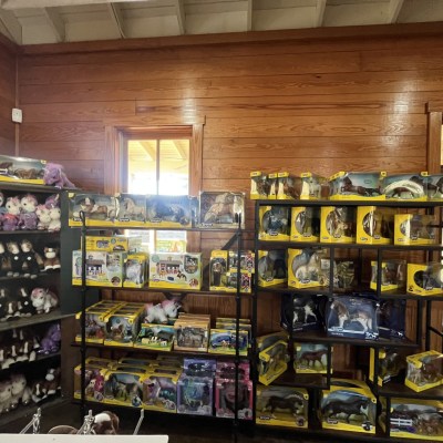 Display shelves with plush toys and toy horse figurines in a wooden room.