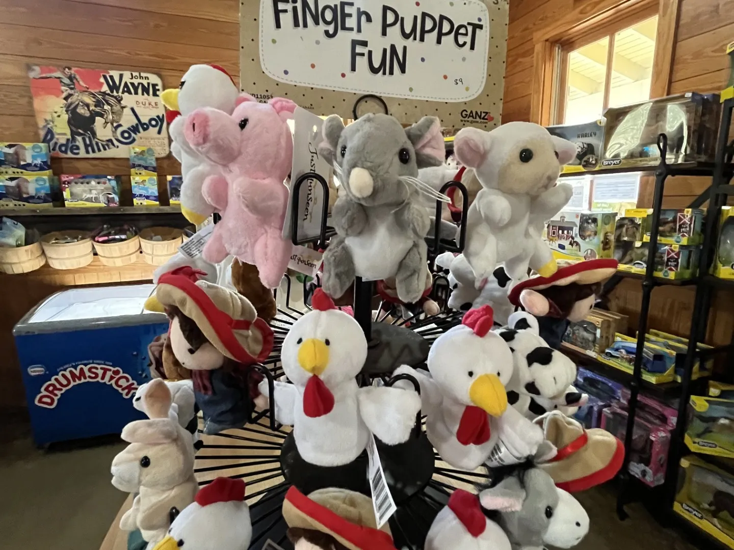 Display of assorted finger puppets including animals and people with the sign 'Finger Puppet Fun'.