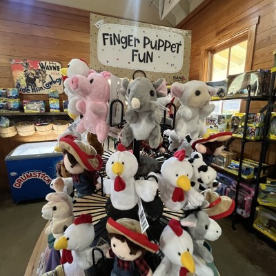 Display of assorted finger puppets including animals and people with the sign 'Finger Puppet Fun'.