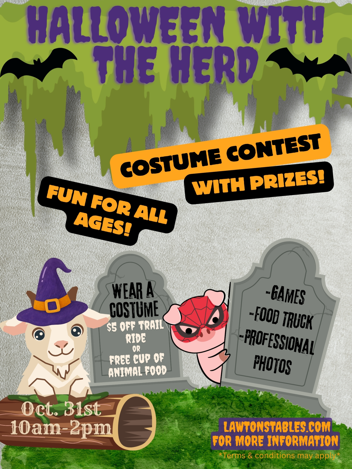 Halloween event poster with costume contest, games, food truck on Oct. 31st at Lawton Stables.